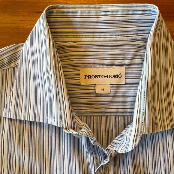 Pronto Uomo- white/blue/black striped button down shirt- M - Picture 1 of 7